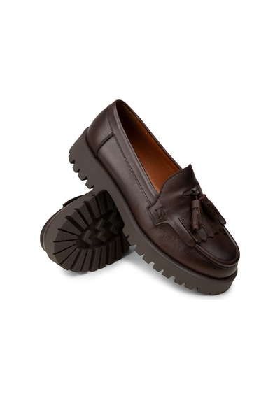 Deery Kadın Hakiki Deri Kahverengi Püsküllü Loafer - 02033zkhvc03