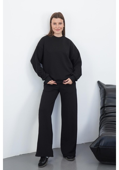 Penyebizden Kadın Pamuk 3 İplik Şardonsuz Oversize Sweatshirt & Geniş Paça Eşofman Altı Takım-siyah