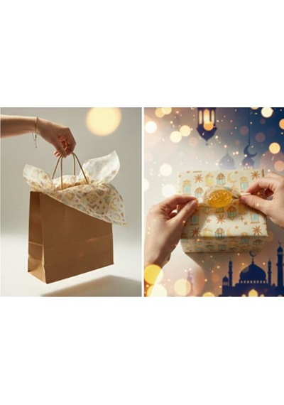 Ramazan Kandil Temalı Pelur Kağıdı, İftar Hediye Paketleme Kağıdı, 18 G/m - 30x45 Cm, 12 Adet, Krem