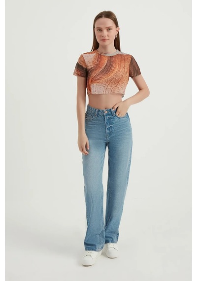 Hiccup Soyut Tül Crop Top Turuncu