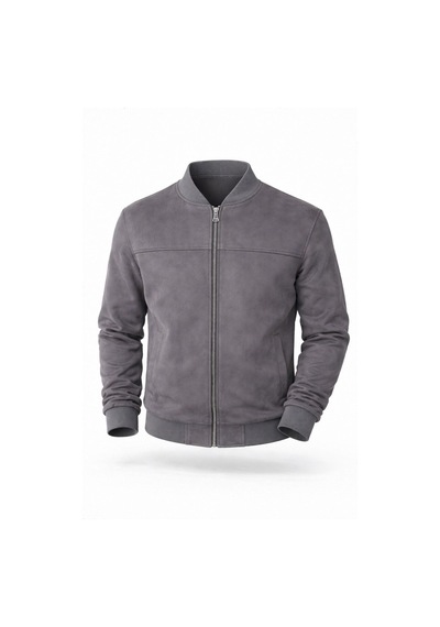 Premium Slim Fit Bomber Kolej Deri Ceket Gri