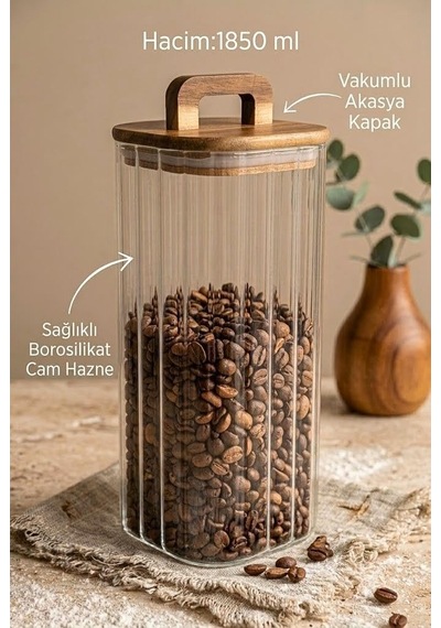 Akasya Kulplu Vakum Kapaklı Kare Çizgili Cam Kavanoz 1850 Ml - Borosilikat Bakliyat Ve Erzak Kavanozu Diğer