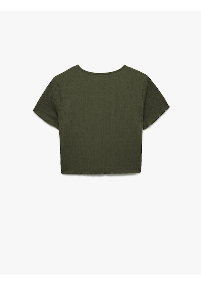 Koton Bisiklet Yaka Kısa Kollu Slim Fit Dokulu Crop Tişört Haki 5sak50210ek Haki