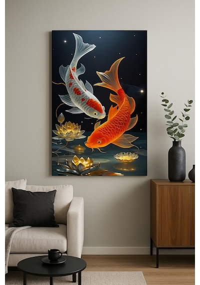 Altın Ve Gümüş Koi Balıkları Feng Shui Bereket Ve Huzur Temalı Cam Tablo Lotus Işıltısı