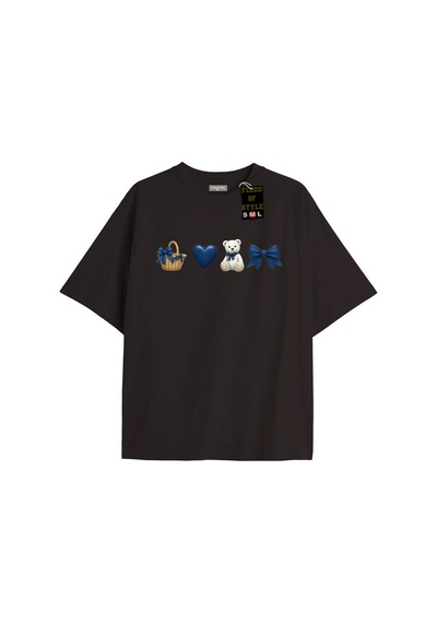 Flood Of Style Siyah Oversize T-shirt Sepet Ayıcık Kalp Özel Tasarım