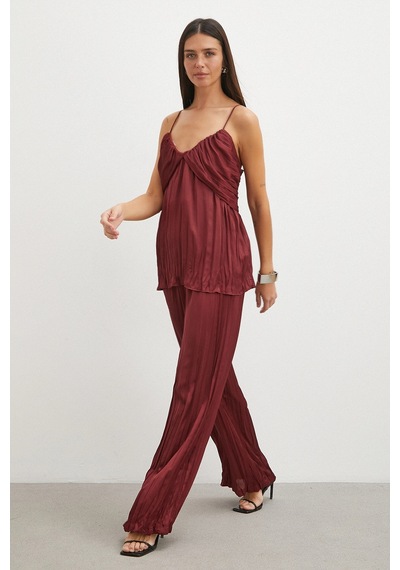 Uterpe Mürdüm Pliseli Saten Pantolon Bordo