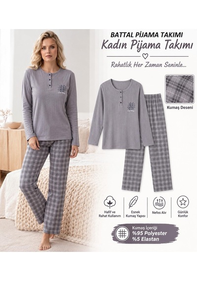 Boyraz Lindros Kadın Düğme Yaka Raporlu İnterlok Kışlık Battal Pijama Takımı 02702 - 1 Adet Füme Boyraz Lindros Kadın Düğme Yaka Raporlu İnterlok Kışlık Battal Pijama Takımı 02702 - 1 Adet Füme
