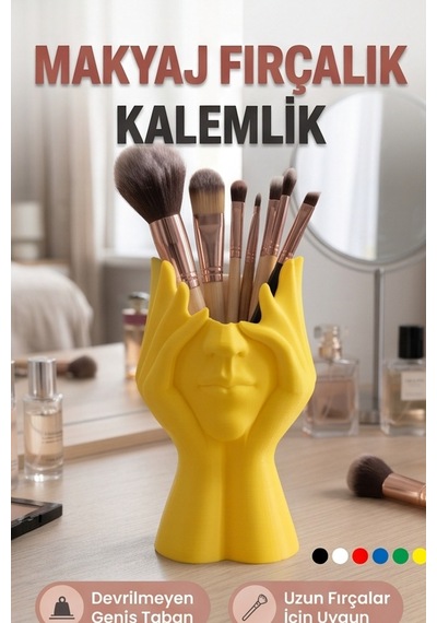 Makyaj Fırçalık Heykel Kalemlik Fırça Ve Kozmetik Düzenleyici Sarı