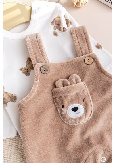 Babymod Fiğürlü Kışlık Kadife Erkek Bebek Salopet Tulum Set Kahverengi