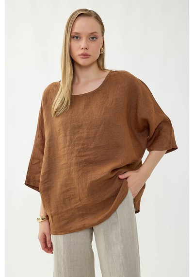 Vitrin %100 Keten Geniş Yaka Oversize Kısa Kol Bluz Açık Kahverengi