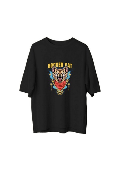 Paybuy Erkek Oversize Müzik Baskılı Tişört Rocker Kedi Grafik Desen Raha Siyah