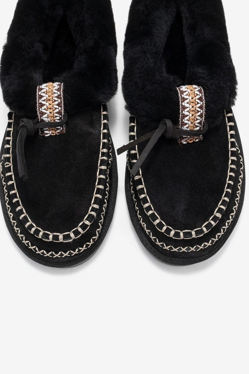 Luvishoes Luvi Shoes Norıel Siyah Süet Hakiki Deri Dikişli Kürklü Kadın Makosen Terlik Siyah