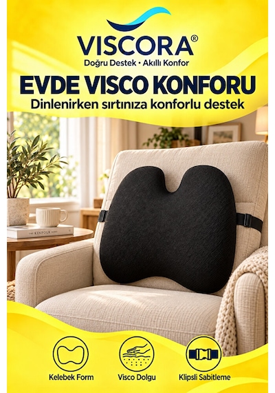 Araba Sırt Minderi Ofis Koltuğu Ve Ev İçin Visco Kelebek Klipsli Bel Destek Yastığı Siyah