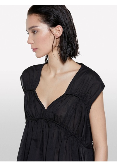 Sisley %100 Pamuk Büzgülü Kolsuz V Yaka Bluz Kadın Siyah Bluz - 325p5ho1lq08x