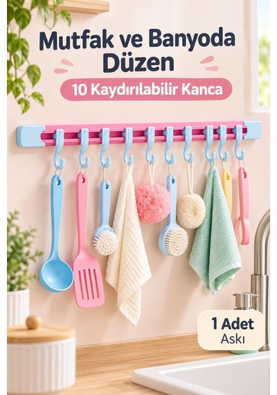10 Kancalı Sürgülü Raylı Mutfak Ve Banyo Düzenleyici Askı 30 Cm Mavi - Pembe