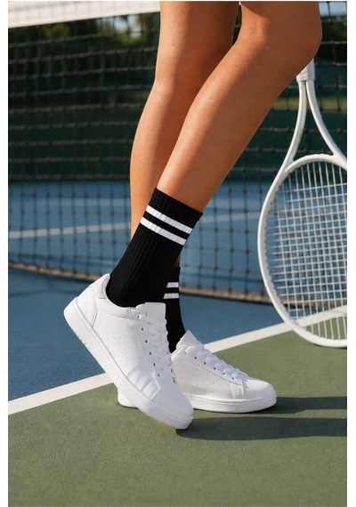 Tenra Ace 10'lu Kadın Çizgili Tenis Çorabı - Spor Soket Çorap Siyah