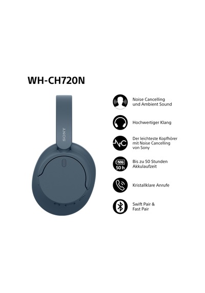 Sony Wh-ch720n Gürültü Engelleme Özellikli Kablosuz Bluetooth Kulaklık - 35 Saate Kadar Pil Ömrü Ve Hızlı Şarj İşlevi - Mavi