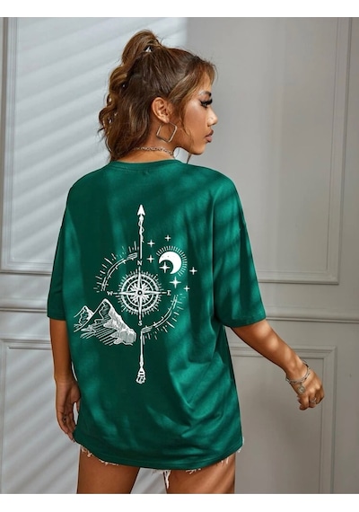 Pusula Baskılı Oversize Unisex Tişört Yeşil