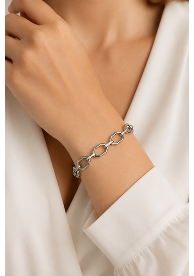 Balenbi Jewelry Kadın Taşlı Sekizgen Halka Detaylı Gümüş Renk Kararmaz Çelik Bileklik 1101