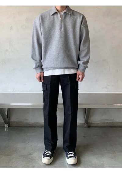 Genius Store Erkek Polo Yaka Oversize Yarım Fermuar Sweatshirt Gri