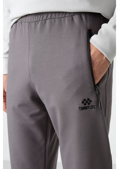 Tommy Life Koyu Gri Fermuar Cepli Standart Kalıp Jogger Erkek Eşofman Alt - 84587 Koyu Gri