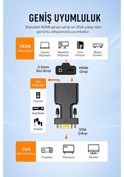 Hdmı - Vga Dönüştürücü Adaptör Kablo, 1080p Full Hd Görüntü Ve 3.5mm Ses Destekli Çevirici, Laptop Pc Oyun Konsolu Monitör Tv Projektör Uyumlu, Tak Çalıştır Z125