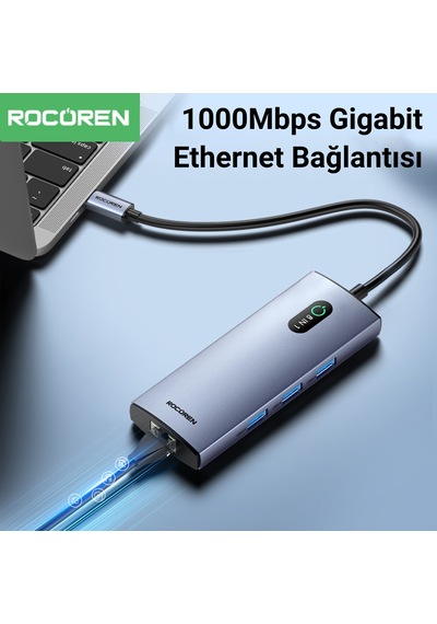 Rocoren 8 Portlu 4k 30hz Gigabit Ethernet Sd Tf Kart Okuyuculu 3 Usb3.0 Pd 100w Destekli Hub Çoklayıcı
