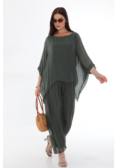 Bohem Stil İtalyan Yarasa Kol İpek Bluz & Pantolon Takım-8767 Koyu Haki