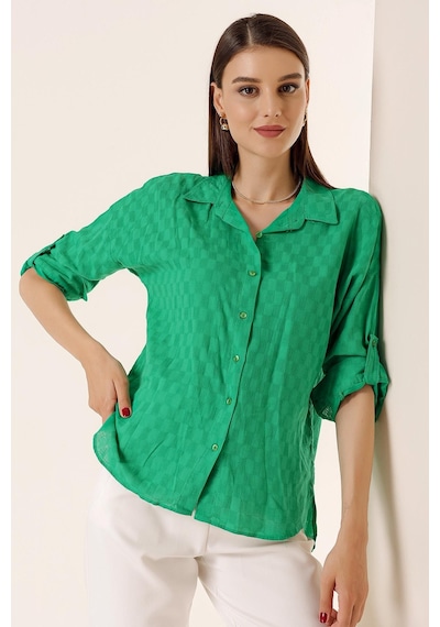 By Saygı Önden Düğmeli Polo Yaka Kolları Katlamalı Düğmeli Gömlek Koyu Yeşil-33724 Koyu Yeşil By Saygı Önden Düğmeli Polo Yaka Kolları Katlamalı Düğmeli Gömlek Koyu Yeşil-33724 Koyu Yeşil