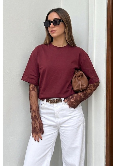 Bordo Dantel Kollu Basic Tişört Mg2808