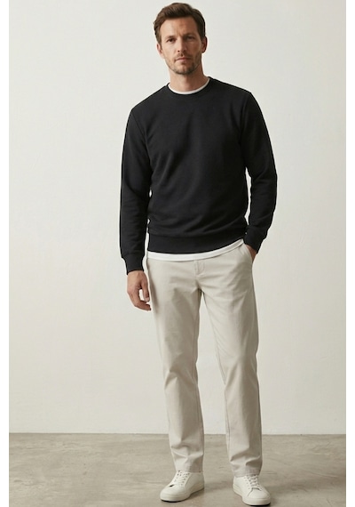 Elemge Pamuklu Erkek Sweatshirt Siyah Soft Touch Relax Fit Basic Bisiklet Yaka 3 Iplik Nefes Alan