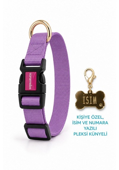 Caramelos İsimli Köpek Tasması, Ayarlanabilir Yavru, Mini, Orta Ve Büyük Irk Köpek Tasması, Lila