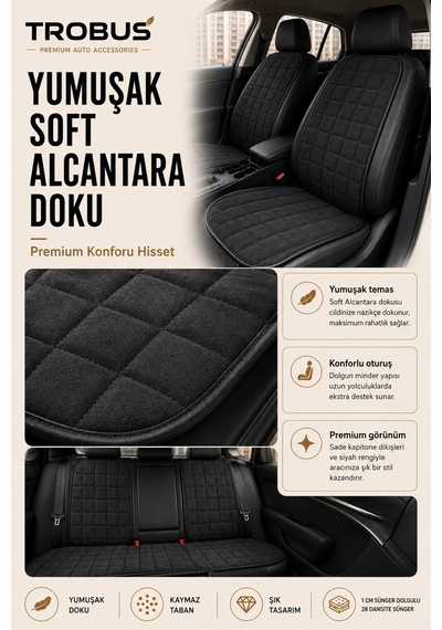 Opel Astra 2000-2004 Üniversal Soft Alkantra Kare Desen 7 Parça Oto Koltuk Minderi Siyah