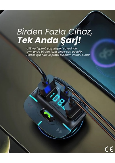 Araç Müzik Çalar Fm Transmitter F9 Bluetooth Araç Kiti Usb Type-c Hızlı Şarj Çıkışlı Çakmaklık Şarj