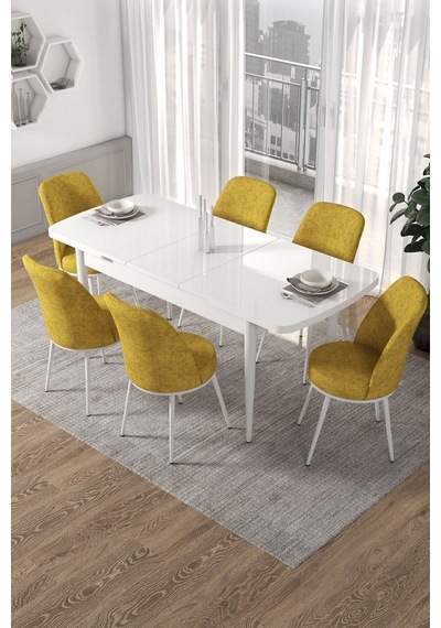 Canisa Kor Serisi, Beyaz Açılabilir 70x114 Yemek Masa Takımı 6 Hardal Sandalye Masa Beyaz Sandalyeler Hardal Sarısı Canisa Kor Serisi, Beyaz Açılabilir 70x114 Yemek Masa Takımı 6 Hardal Sandalye Masa Beyaz Sandalyeler Hardal Sarısı