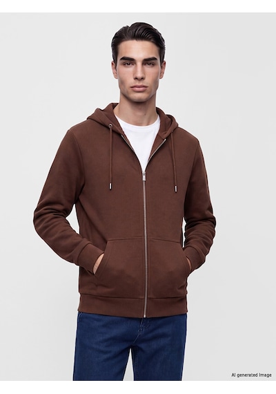Lcwaıkıkı Classic Kahverengi Kapüşonlu Erkek Fermuarlı Sweatshirt