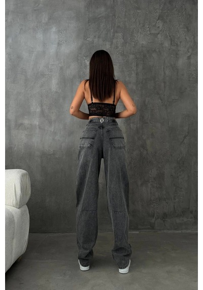 Füme Premium Yıkamalı Kemerli Baggy Jeans Füme