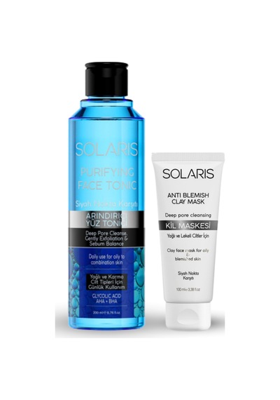 Solaris Kil Maskesi Yağlı Ve Lekeli Ciltler İçin 100 Ml Ve Yağlı Ve Karma Ciltler Için Siyah Nokta Karşıtı Arındırıcı Yüz Temizleme Toniği 200 Ml