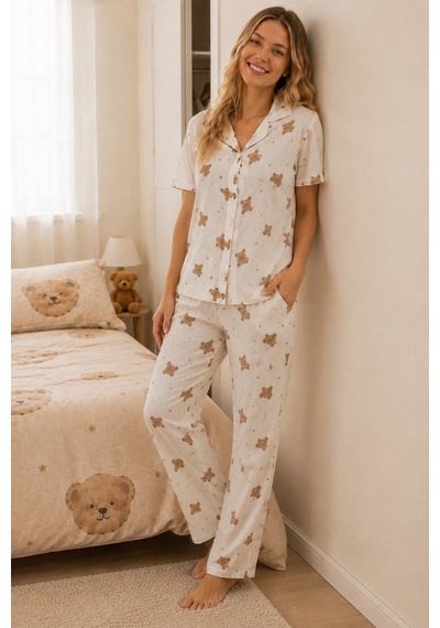 Ayıcık Desenli Bürümçük Kumaş Kısa Kollu Pijama Takımı 6068 Kırık Beyaz