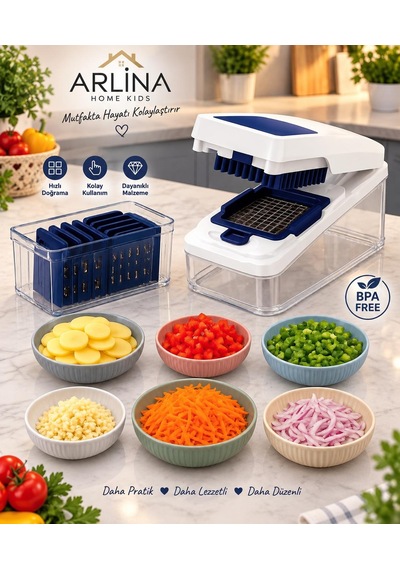Çok Fonksiyonlu 8 Bıçaklı Doğrayıcı Set Sebze & Meyve Dilimleme, Rendeleme Ve Küp Doğrama Aparatı1,8 Lt Beyaz