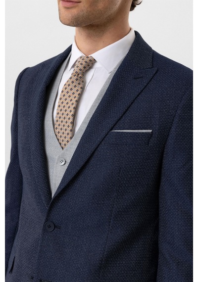 Süvari Lacivert Slim Fit Desenli Sivri Yaka 6 Drop Yelekli Klasik Takım Elbise