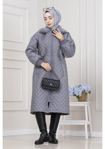 Yakası Kürklü Capitone Mont-gri-5561 Gri