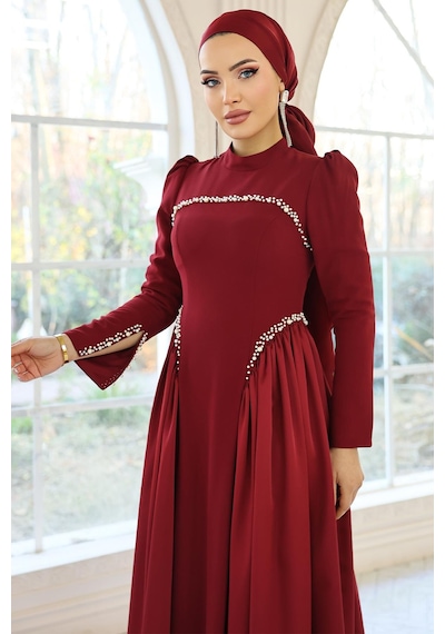Olcay İnci Detaylı Krep Ve Saten Kombinli Kloş Tesettür Bordo 1686