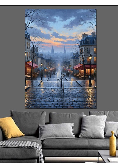 Yağmurlu Şehir Caddesi Işıklar Dekoratif Kanvas - Mdf Ahşap Tablo