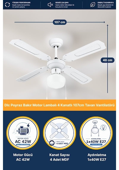 Dlc Poyraz Bakır Motor Lambalı 4 Kanatlı 107cm Tavan Vantilatörü Beyaz