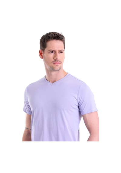Hatemoğlu Lila Düz Slim Fit 100% Pamuk V Yaka Tişört Lila