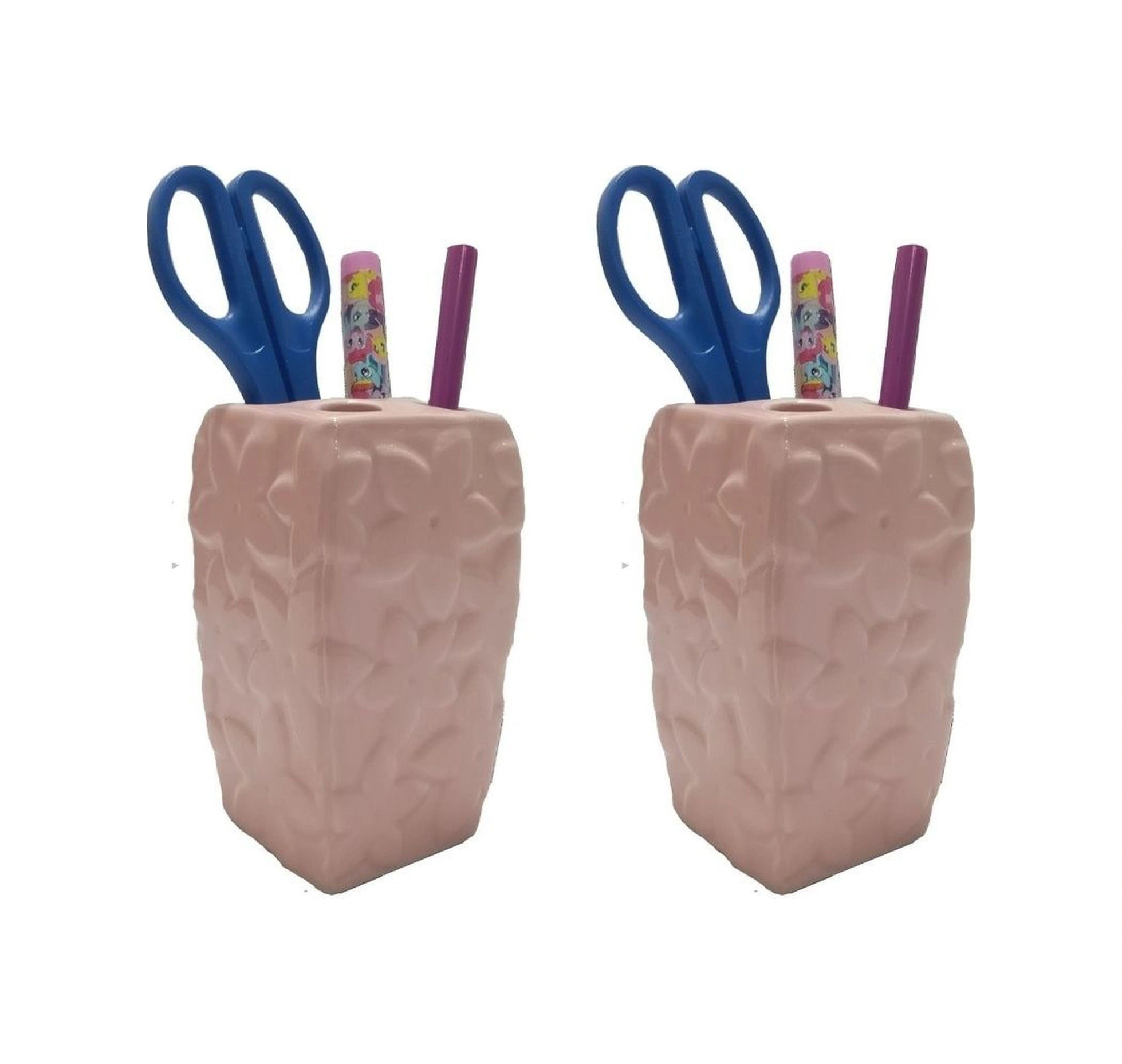 2 Adet Kalemlik Çiçekli Pembe Model Seramik Ofis Gereci 7x7x12cm Çok Renkli