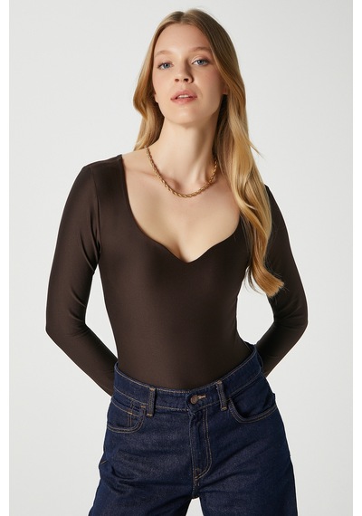 Ritnice Kadın Rich Kalp Yaka Polyamid Kahverengi Çıtçıtlı Body / Bluz Kahverengi