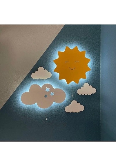 Güneş Bulut Gece Lambası Çocuk Odası Bebek Odası Dekoratif Led Aydınlatma Set, , Beyaz