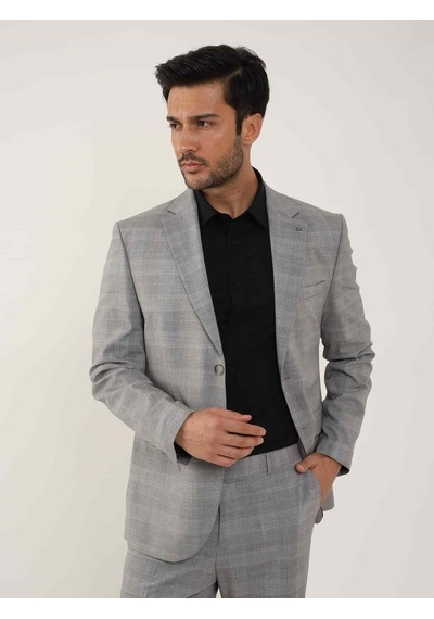 Dufy Gri Erkek Slim Fit Ekose Desenli Mono Yaka Takım Elbise - 95012-gri Gri Dufy Gri Erkek Slim Fit Ekose Desenli Mono Yaka Takım Elbise - 95012-gri Gri